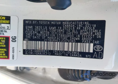 2018 Toyota Corolla Le из США, поврежденный, VIN 2T1BURHE2JC070365